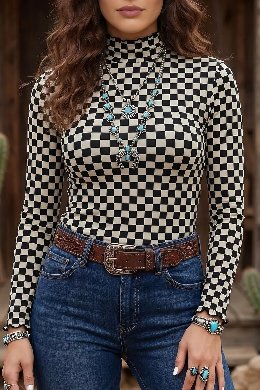 Plaid stand neck long sleeve mesh top by Plush Fashion Hub, featuring a stylish plaid pattern and sheer mesh fabric.