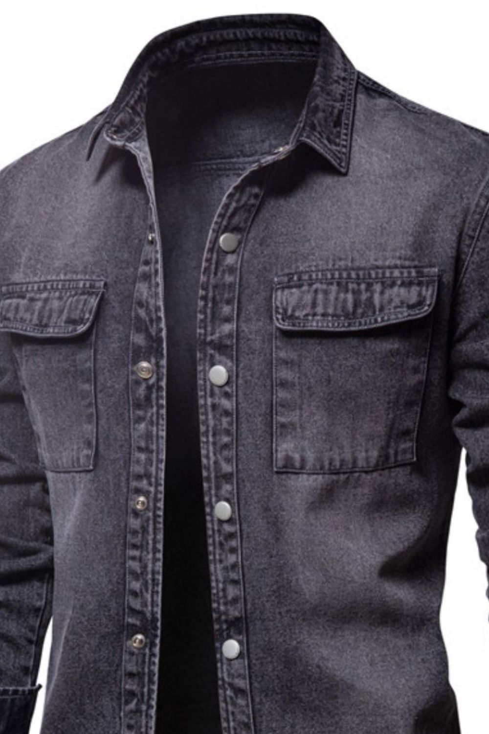Men's denim button-down jacket with chest pocket from Plush Fashion Hub, casual clothing style, shown on a plain background.