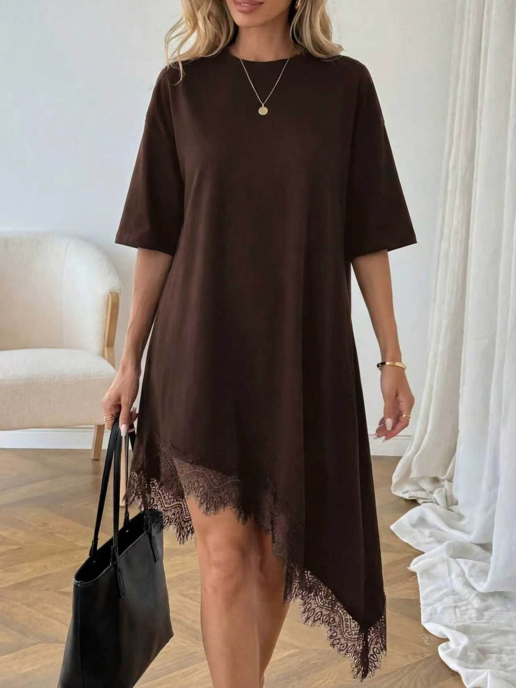Women's lace trim asymmetric three-quarter sleeve dress by Plush Fashion Hub, featuring elegant lace details and stylish design.