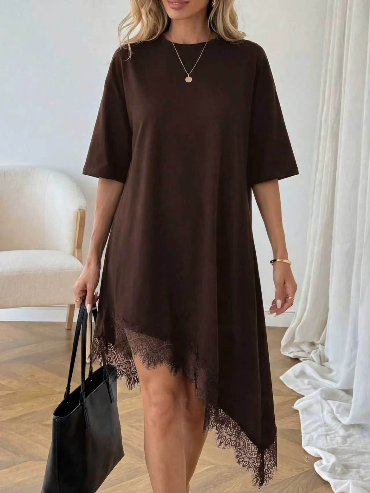 Women's lace trim asymmetric three-quarter sleeve dress by Plush Fashion Hub, featuring elegant lace details and stylish design.