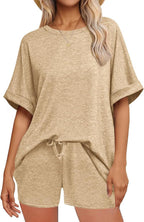 Casualwear set with oversized T-shirt and drawstring shorts from Plush Fashion Hub, featuring soft fabric and relaxed fit.