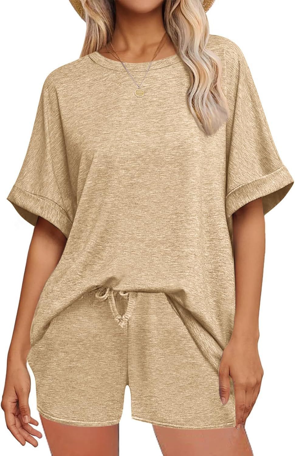 Casualwear set with oversized T-shirt and drawstring shorts from Plush Fashion Hub, featuring soft fabric and relaxed fit.