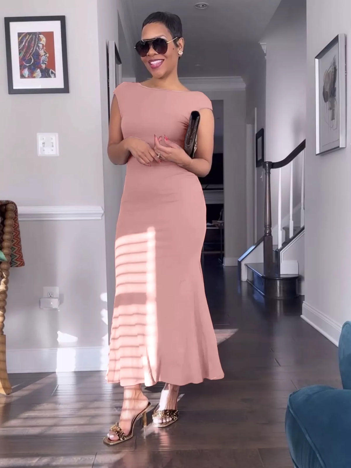 Plush Fashion Hub backless cap sleeve maxi dress in soft fabric, flowing silhouette, perfect for elegant summer or evening wear.