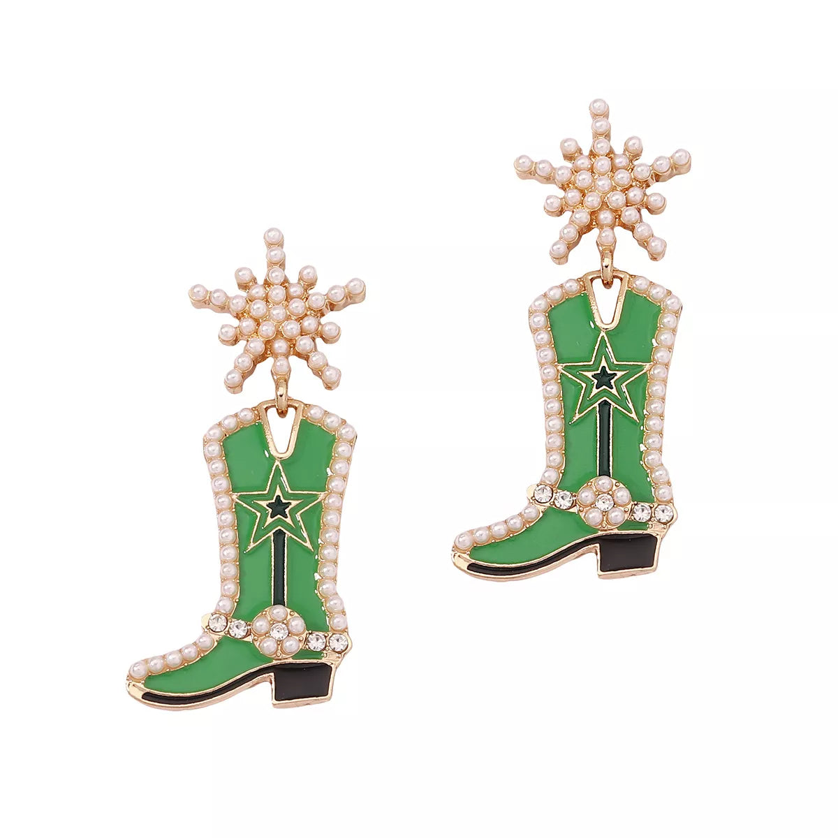 Cowgirl Boot dangle earrings from Plush Fashion Hub featuring Western-style design and metal accents, hanging from fishhook ear wires.