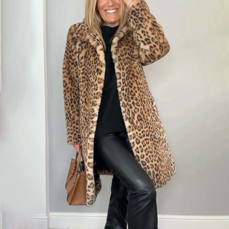 Leopard print plush jacket by FitiqueFit, cozy loose-fit mid-length outwear with a stylish animal print design.