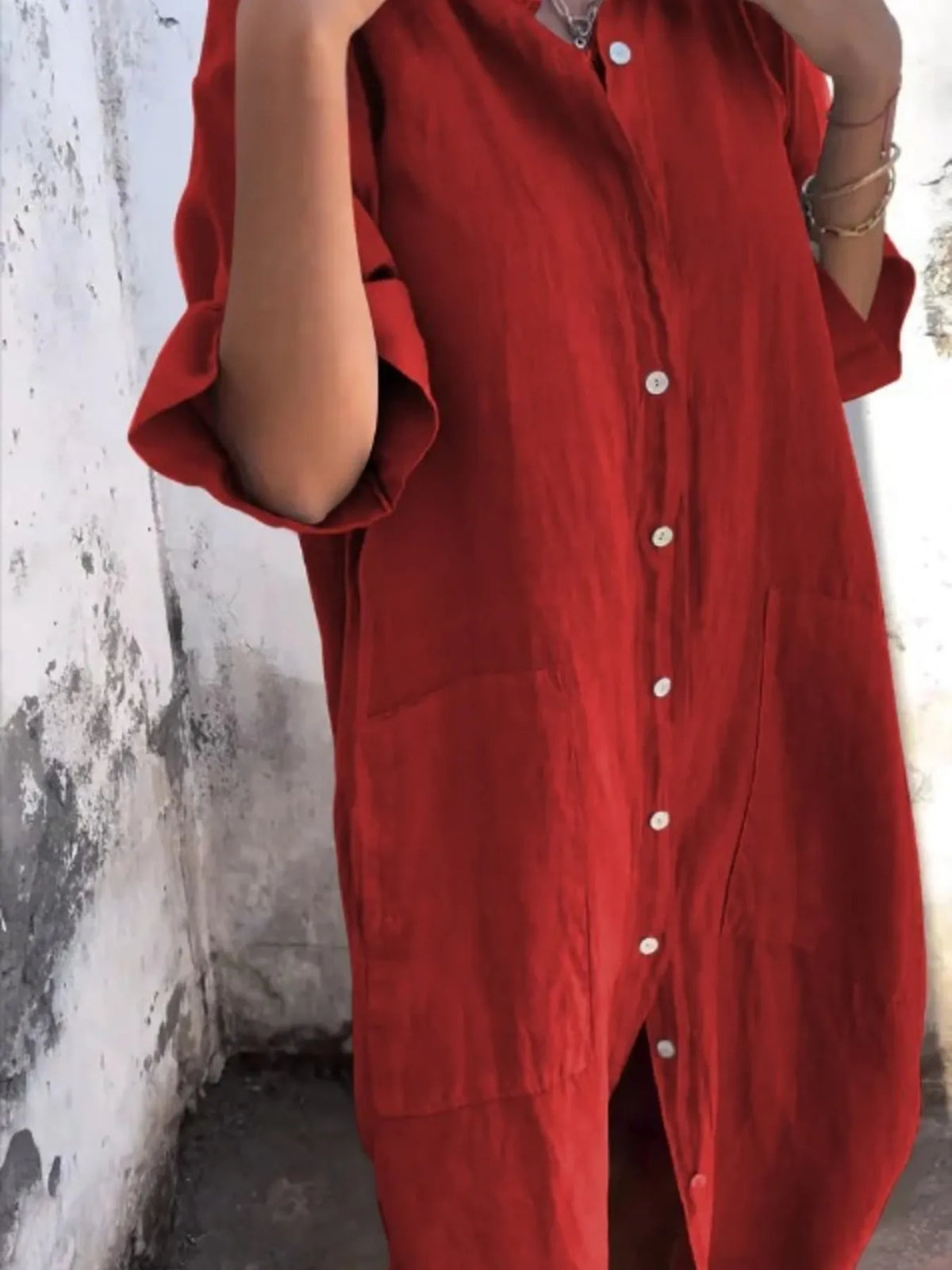 Plus size linen button-down shirt dress by Trendsi, casual full-size dress with a relaxed fit and classic collar, shown on a model.