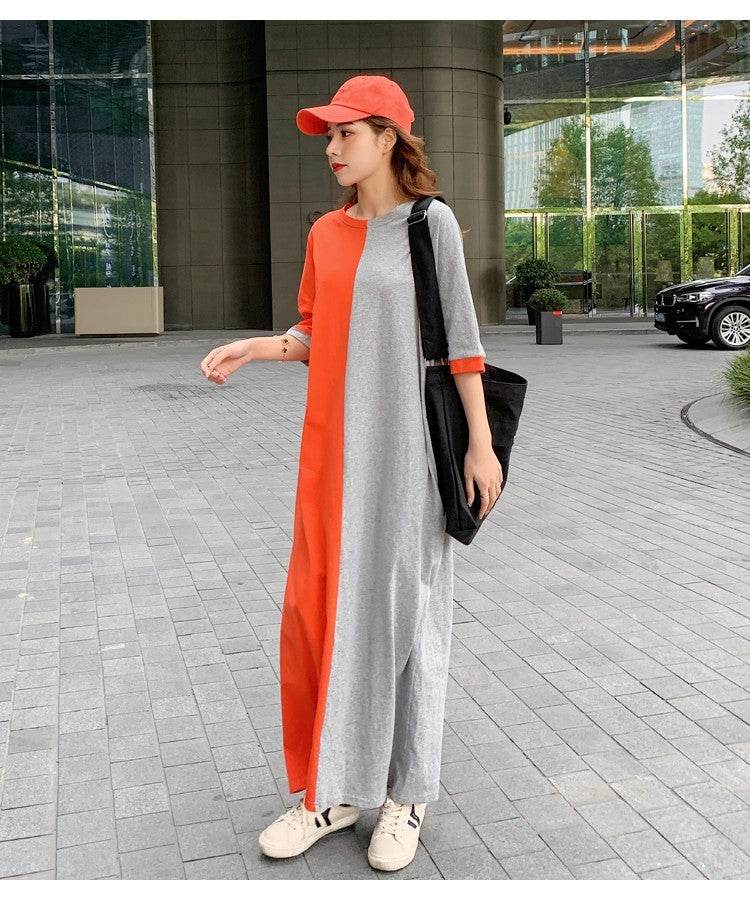 Women's Fashion Casual Cotton Colorblock Loose T-Shirt DressRevamp your wardrobe with our Women's Fashion Casual Cotton Colorblock Loose T-Shirt Dress. Made from lightweight polyester fiber, this orange-gray, green gray, and DressPlush Fashions ShopPlush Fashion Shop