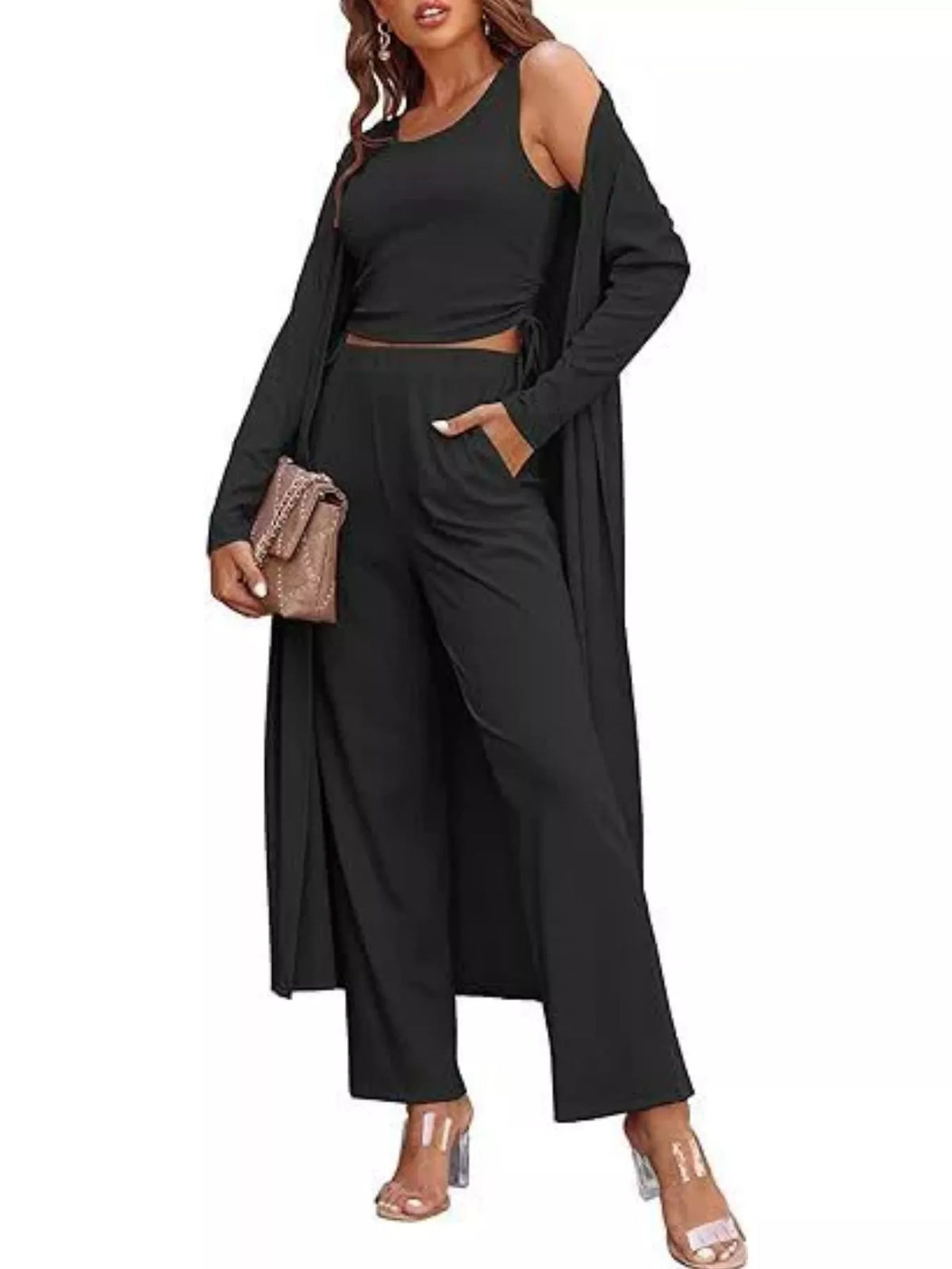 Plush Fashion Hub round neck tank cardigan and matching pants loungewear set, soft fabric, comfortable fit, casual style.