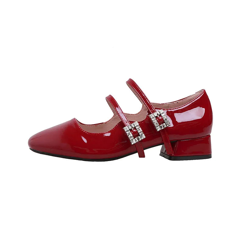 Black block heel buckle women's shoes by Trendsi featuring a stylish design and comfortable fit.