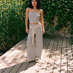 Women's striped tube top and pants set by FitiqueFit, casualwear 2-piece modal matching outfit, featuring a stylish striped design.