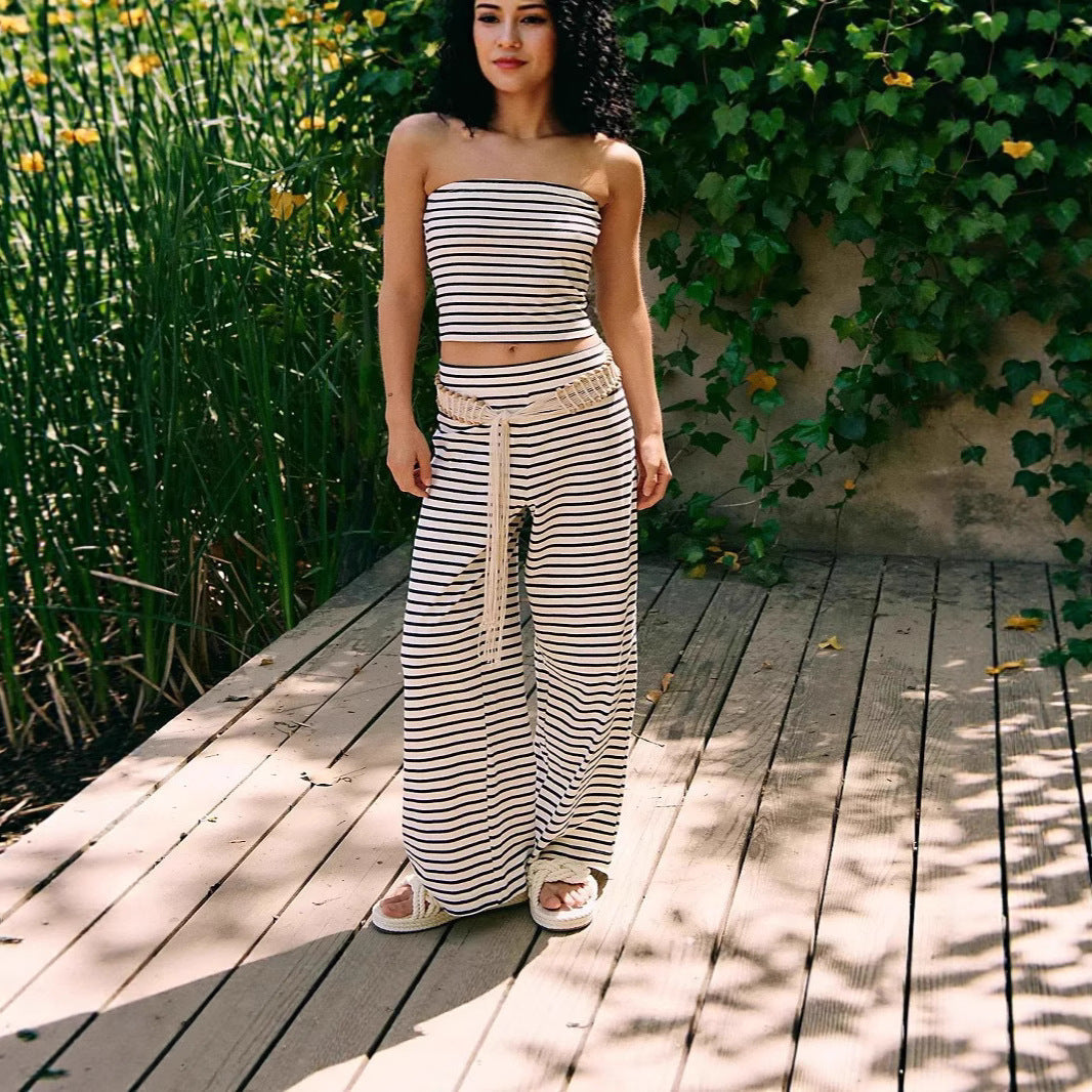 Women's striped tube top and pants set by FitiqueFit, casualwear 2-piece modal matching outfit, featuring a stylish striped design.