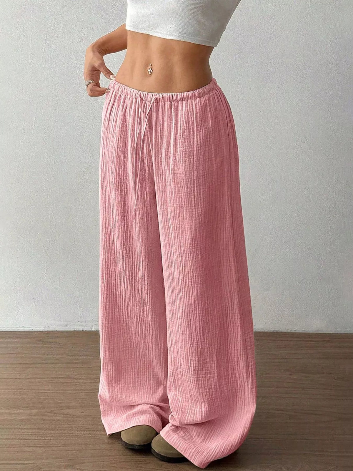 Plush Fashion Hub wide-leg drawstring pants in soft plush fabric with a relaxed fit and adjustable waist.