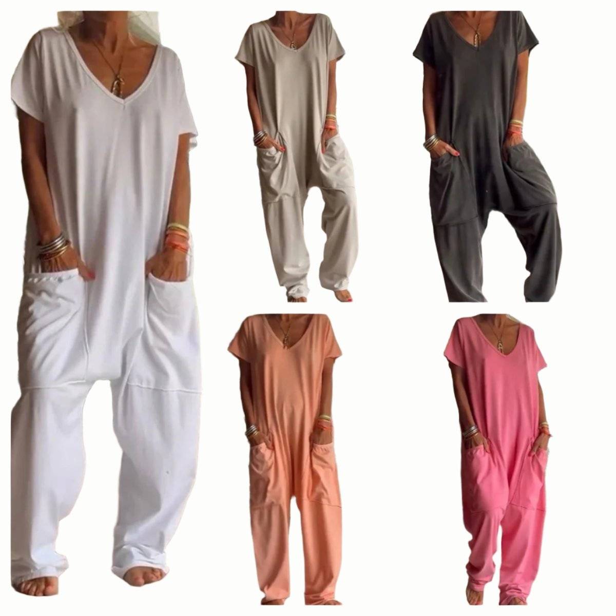 Womens Solid Color V-neck Oversized Pocket Jumpsuit - Plush Fashions Shop 