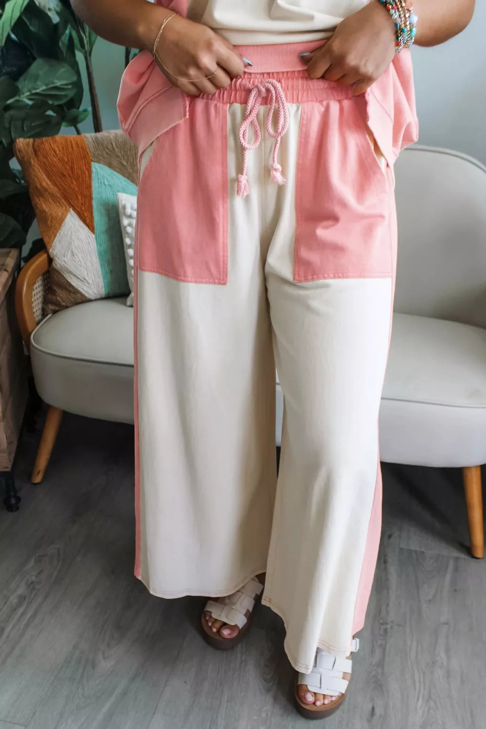 Two-tone color block patchwork tee and drawstring loose pants set by Trendsi, casual stylish loungewear ensemble.