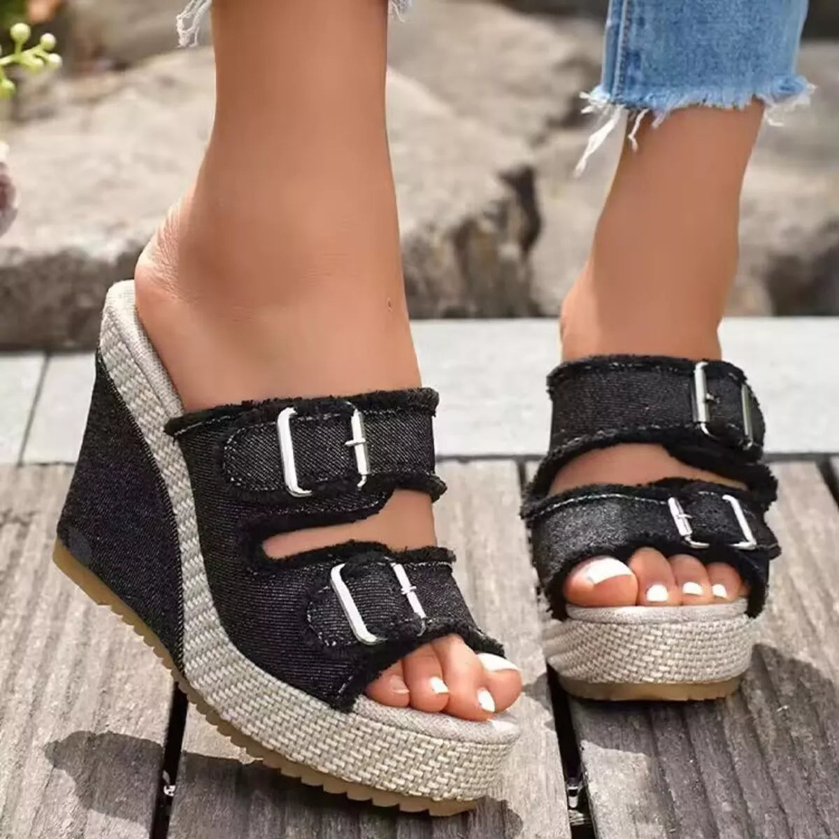 Plush Fashion Hub buckle open toe wedge sandals with ankle straps, stylish and comfortable for summer footwear.