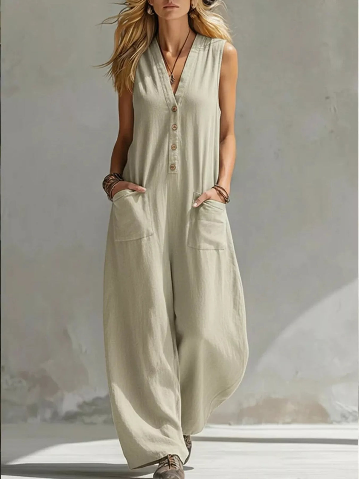 Plus size plush fashion hub V-neck sleeveless wide-leg jumpsuit displayed on a model, highlighting its stylish fit and design.