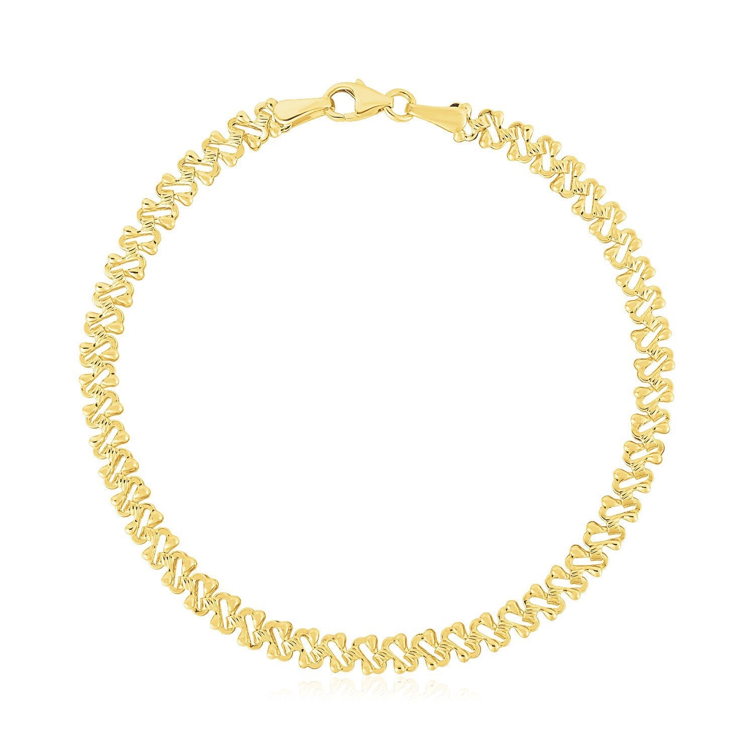 14k yellow gold high polish textured 4mm fancy chain bracelet with intricate design, showcasing luxury jewelry style.