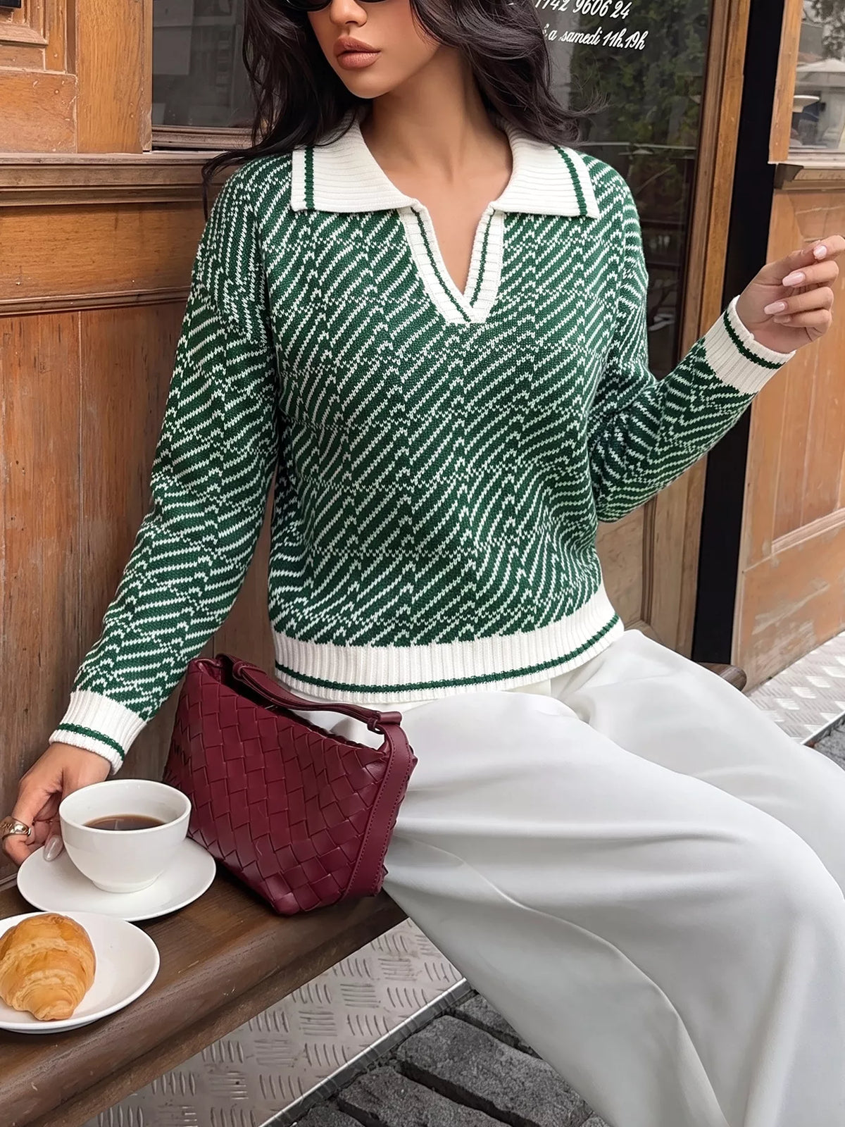Geometric patterned collared sweater by Plush Fashion Hub featuring a stylish design and comfortable fit.