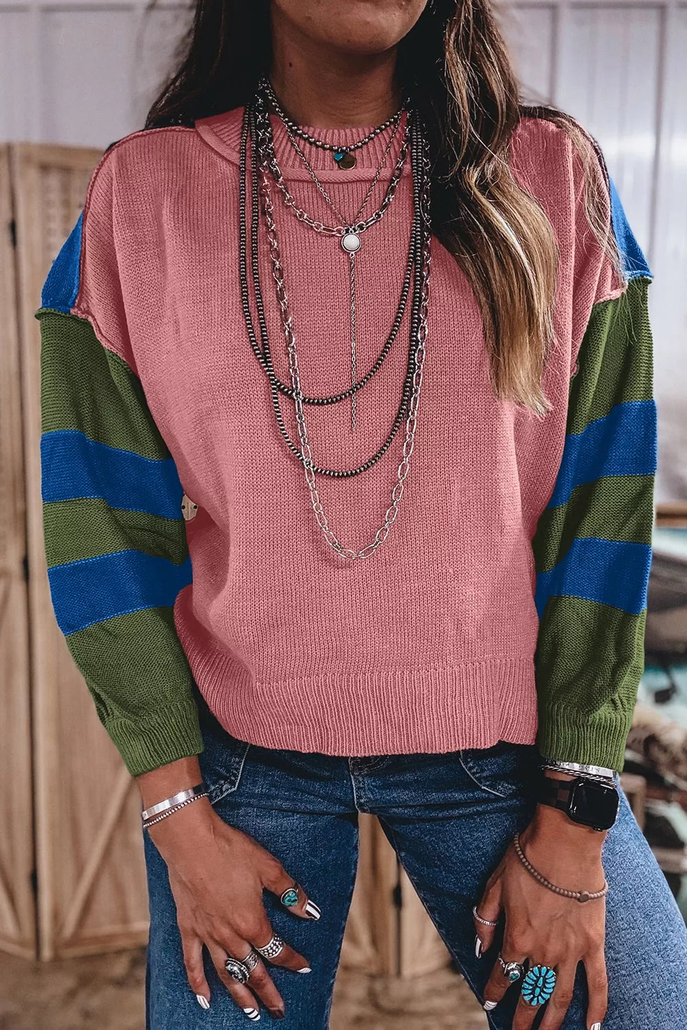 Colorblock patchwork striped long sleeve sweater with multicolour Western style from Trendsi, featuring vibrant patchwork design.