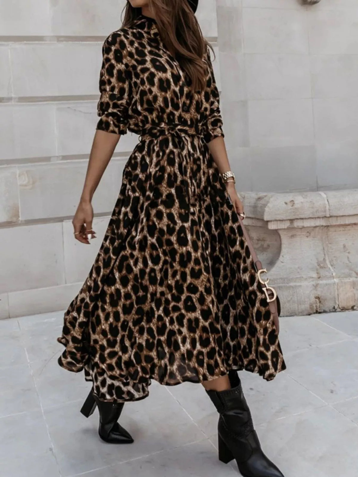 Leopard print button-down midi dress with belt from Trendsi, featuring a flowy silhouette and stylish animal print pattern.