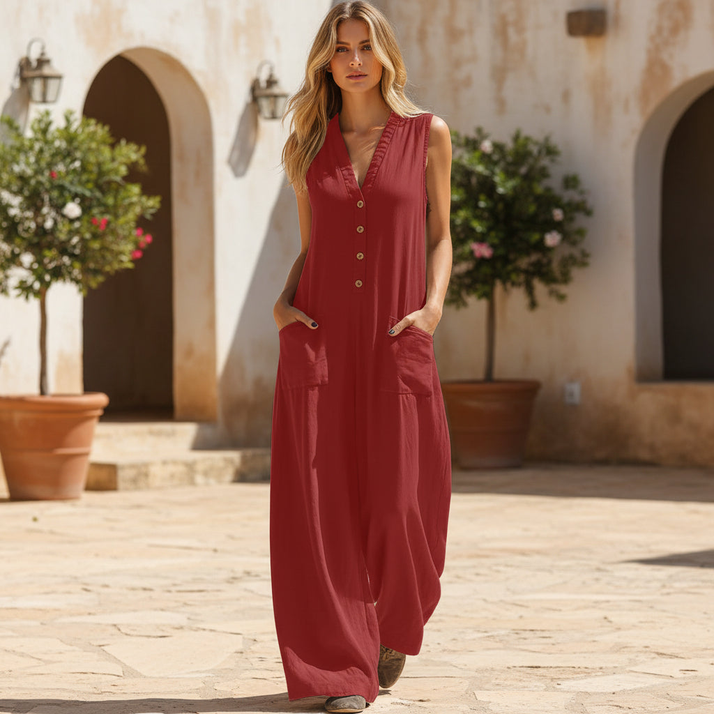 Women's sleeveless wide-leg jumpsuit with pockets by FitiqueFit, casualwear style, shown in light fabric with relaxed fit.