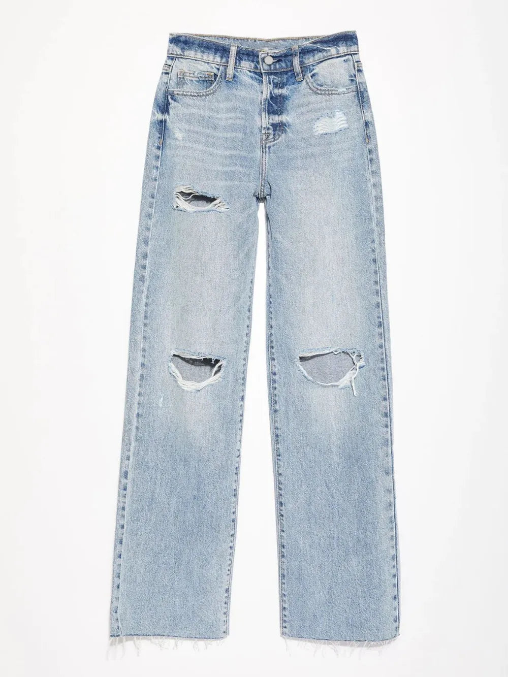 Distressed straight leg denim jeans with pockets, trendy Trendsi brand, showing front view with ripped details and classic fit.