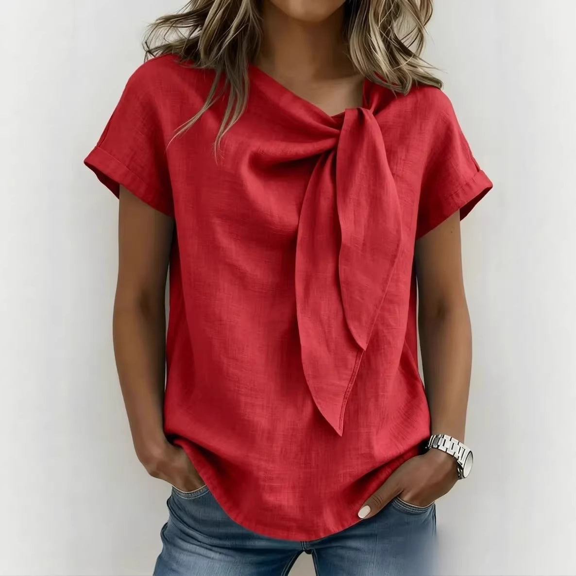 Women's loose-fit short sleeve casual pullover T-shirt by FitiqueFit, shown in a relaxed, comfortable fit with a crew neckline.