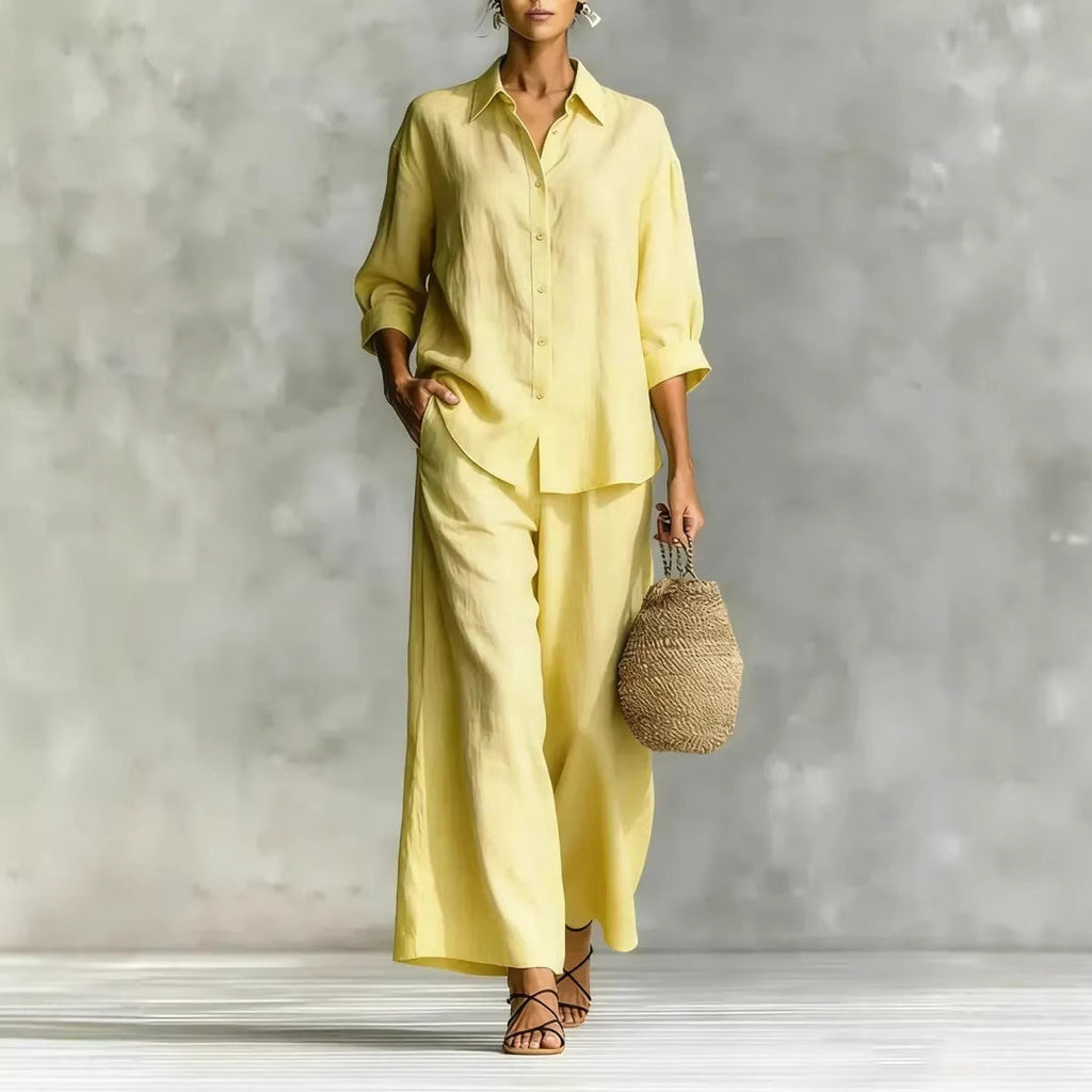 FitiqueFit cotton-linen shirt and wide-leg pants suit in six colors, casualwear for sizes S to 5XL, shown in a relaxed fit.