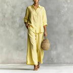 FitiqueFit cotton-linen shirt and wide-leg pants suit in six colors, casualwear for sizes S to 5XL, shown in a relaxed fit.