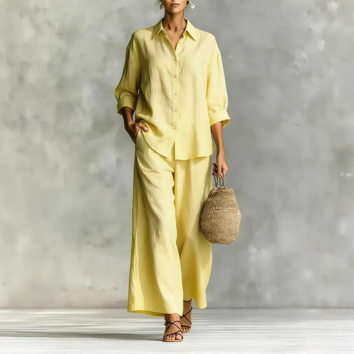 FitiqueFit cotton-linen shirt and wide-leg pants suit in six colors, casualwear for sizes S to 5XL, shown in a relaxed fit.
