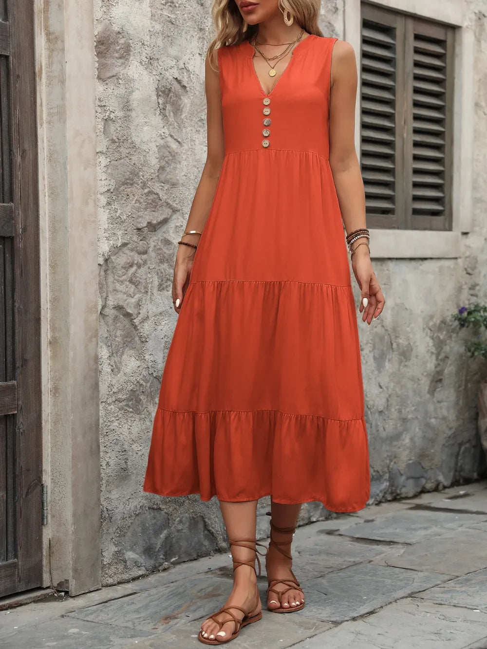 Ivy Lane women’s sleeveless cotton button-down dress with notched collar, casual style, in a lightweight fabric.
