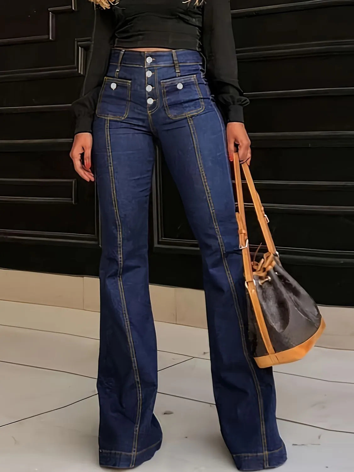Plush Fashion Hub denim flare jeans with front and back pockets, featuring a soft plush fabric and stylish fit.