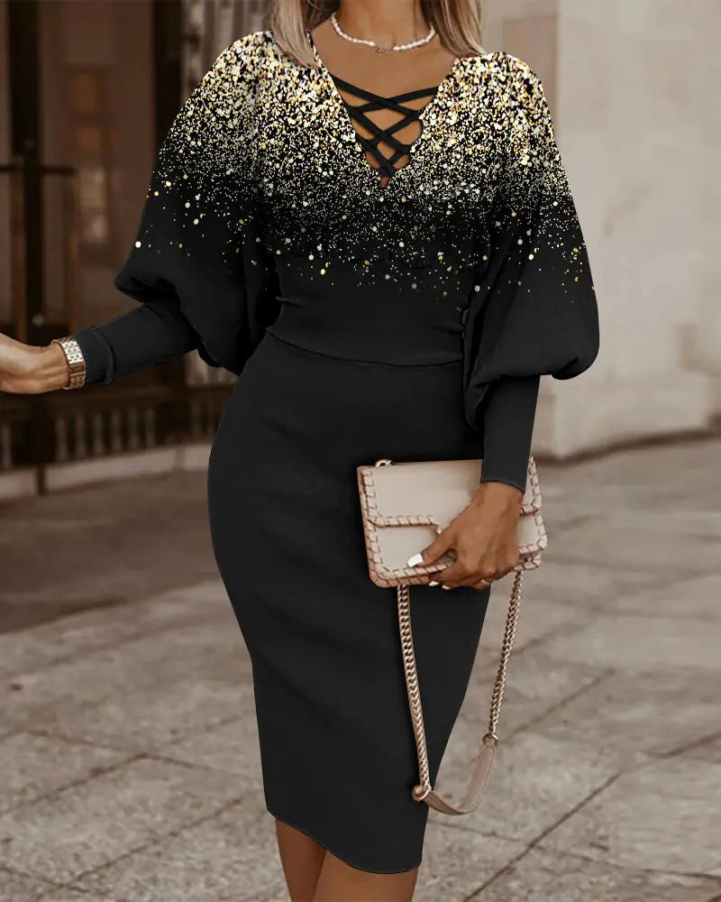 Elegant women's V-neck long sleeve pencil dress from Trendy Attic Store01, showcasing a fitted silhouette and stylish design.