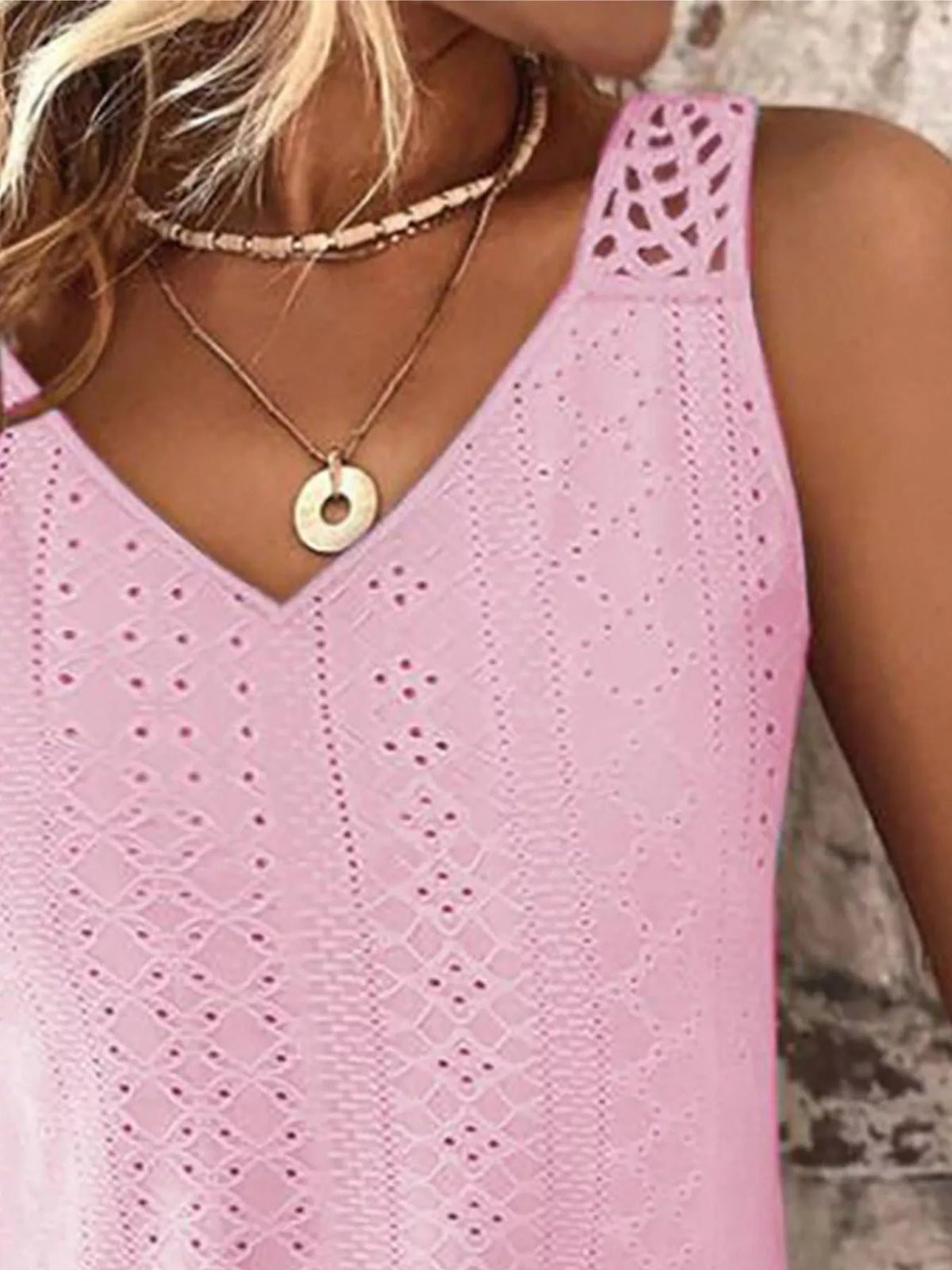 Plush Fashion Hub eyelet lace trim V-neck tank top with sleeveless design and soft fabric, perfect for casual summer wear.