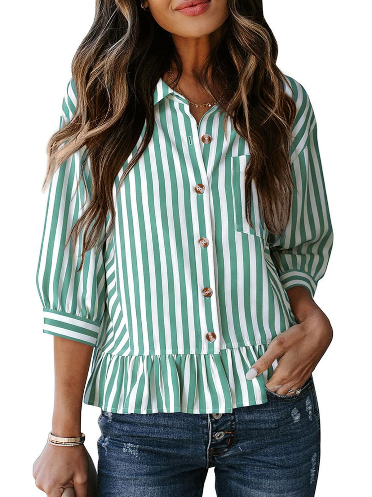 Women’s striped button-down blouse by Plush Fashion Hub, lightweight viscose fabric with ruffled hem and classic collar detail.