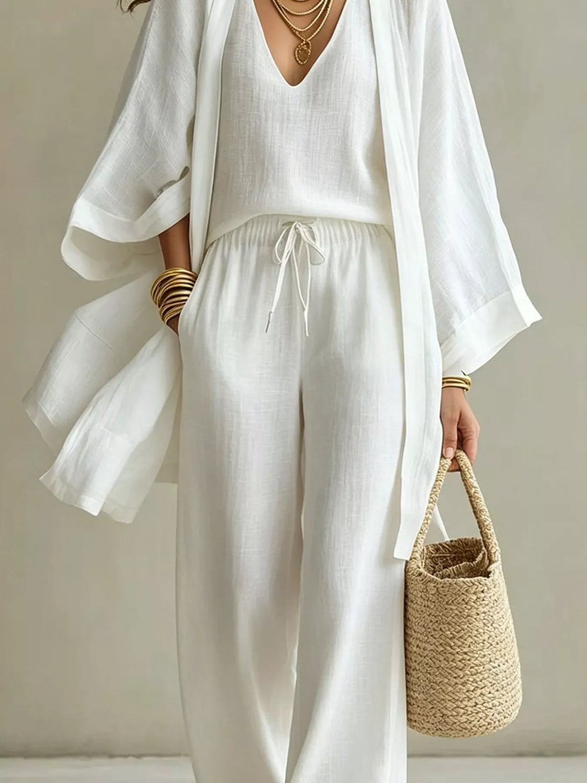 Plus size V-neck tank cardigan and pants loungewear set by Trendsi, featuring a comfortable, stylish matching top and bottom ensemble.