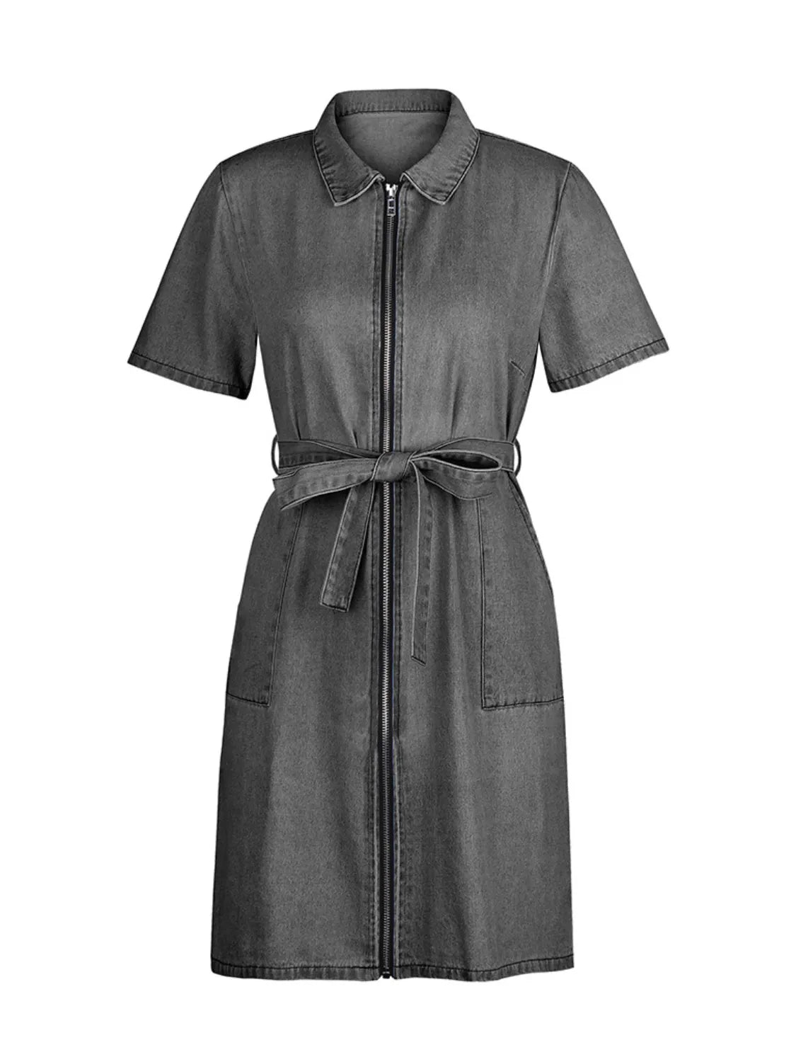 Plus size denim dress with short sleeves and full zip front by Plush Fashion Hub, shown on a model.