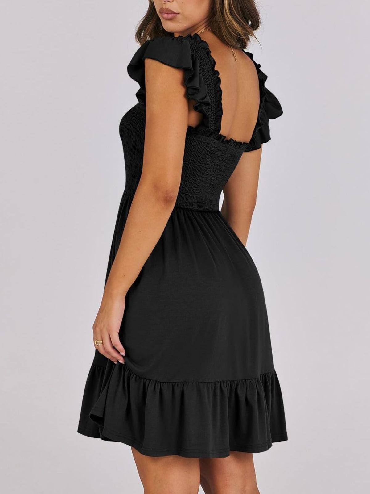 Women's lightweight summer dress by Plush Fashion Hub with smocked bodice, ruffle hem, and mini casual style, perfect for warm weather.