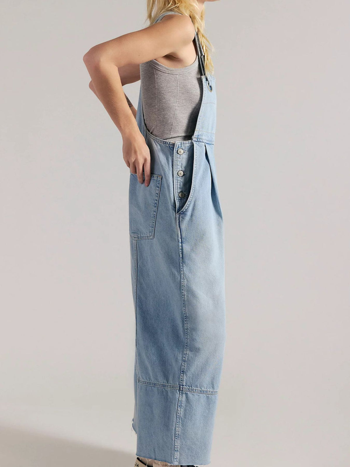Lightweight casual denim overalls jumpsuit by Plush Fashion Hub featuring raw hem wide-leg design and relaxed fit.