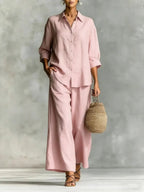 FitiqueFit cotton-linen shirt and wide-leg pants suit in six colors, casualwear for women, available in sizes S to 5XL.