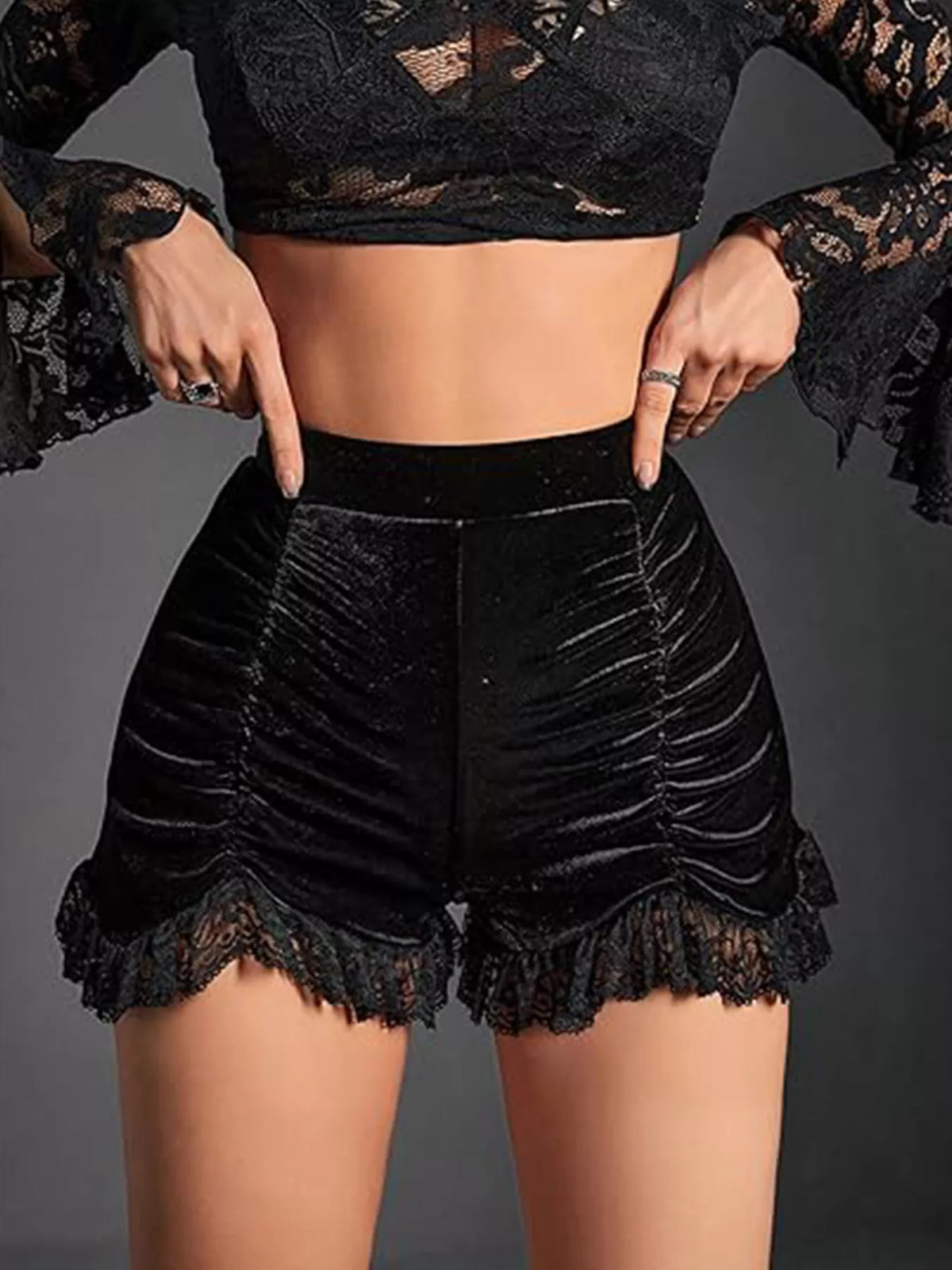 Velvet ruched lace trim shorts by Plush Fashion Hub featuring soft fabric, delicate lace details, and a stylish, comfortable fit.