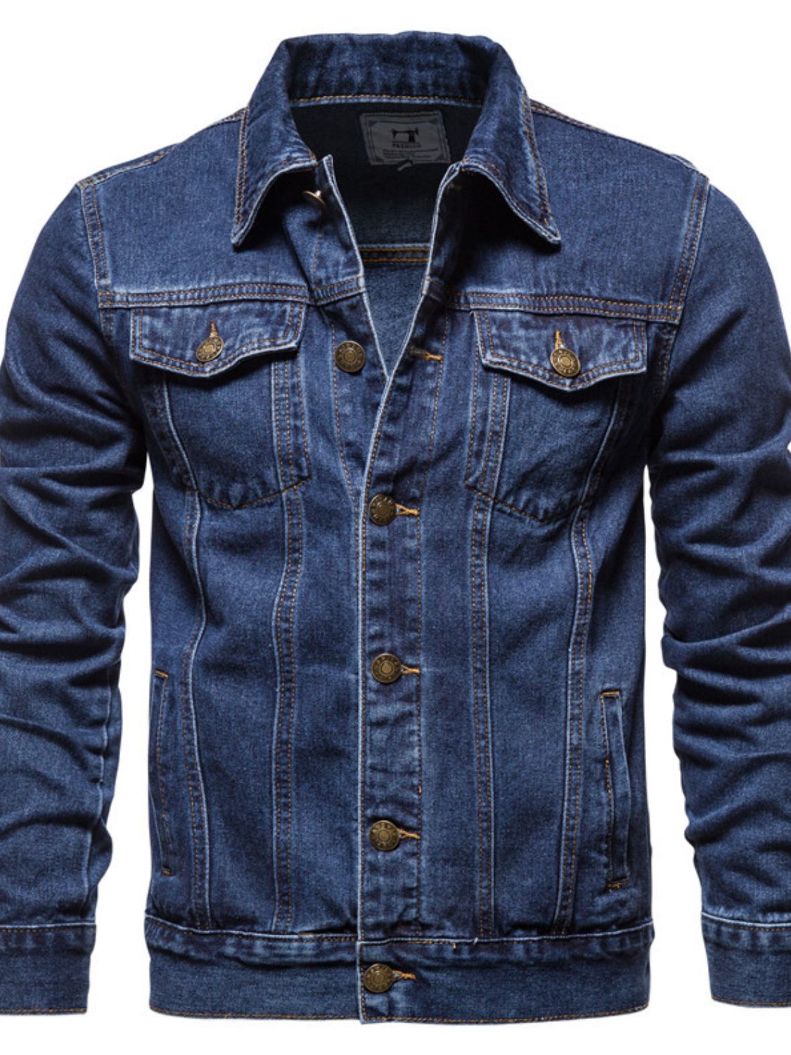 Men's long sleeve denim jacket with button-down front by Plush Fashion Hub, shown in classic blue denim fabric.