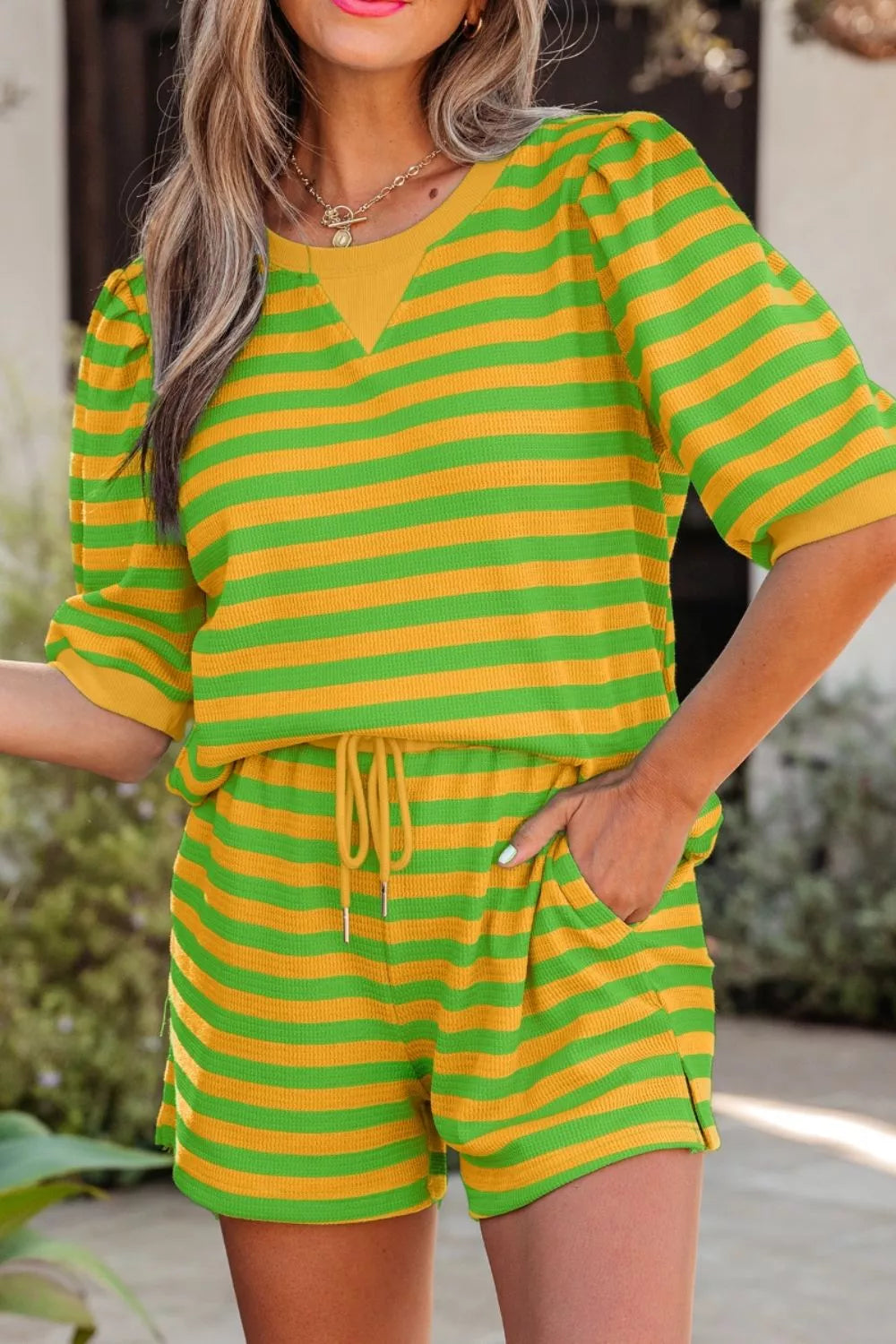 Striped puff sleeve top and drawstring shorts set by Plush Fashion Hub, casual matching outfit with stylish puffed sleeves.