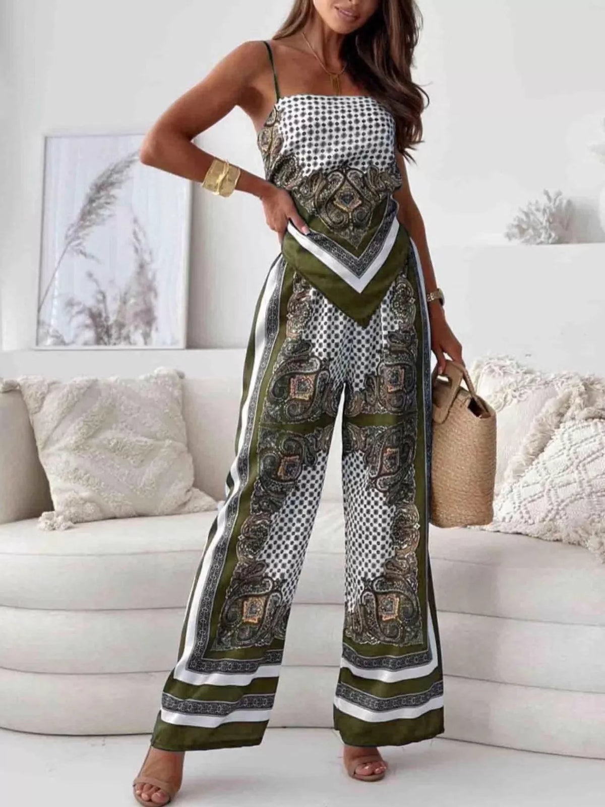 Printed cami and wide-leg pants loungewear set by Plush Fashion Hub, featuring comfortable fabric and stylish design.