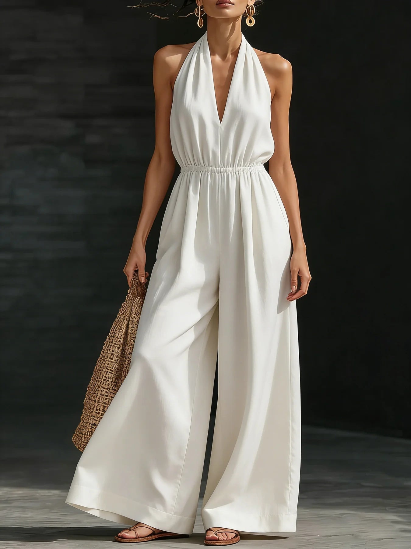 Women’s V-neck halter wide-leg jumpsuit by FitiqueFit, casualwear featuring a relaxed fit and flowing fabric.
