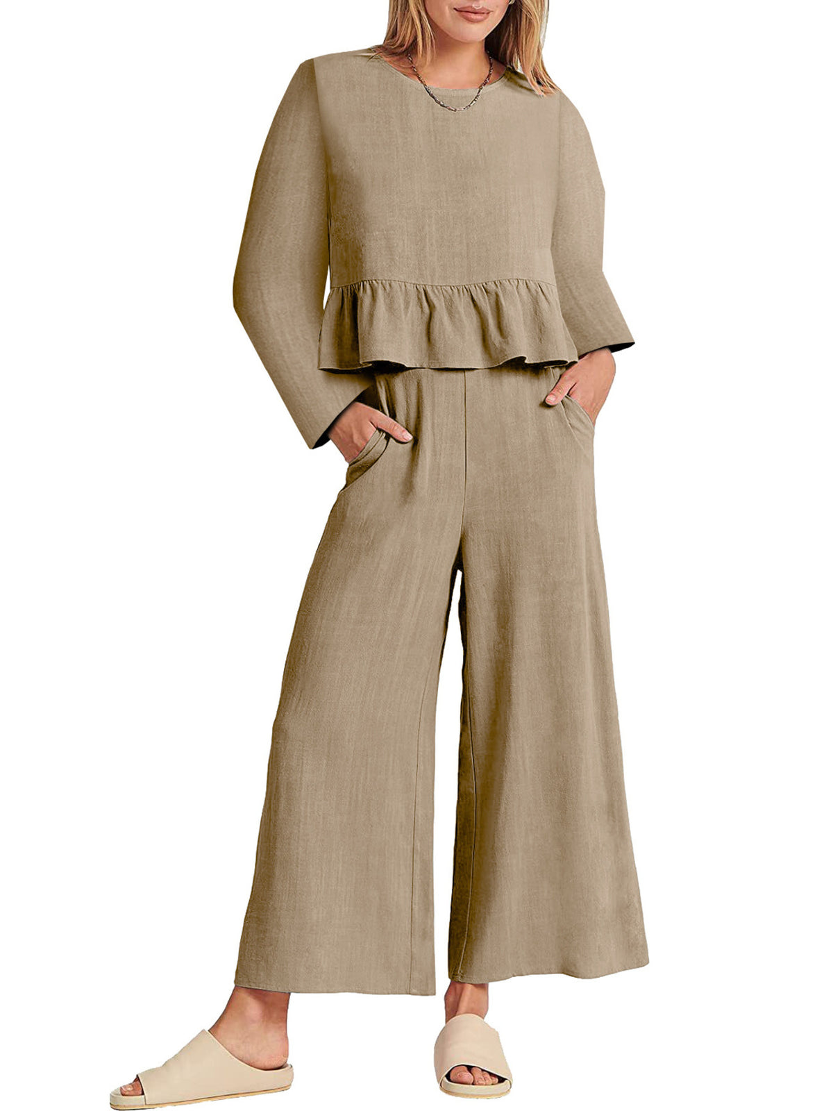 Women’s long sleeve ruffled hem top and pants lounge set with pockets by Plush Fashion Hub, featuring comfortable fabric and stylish design.
