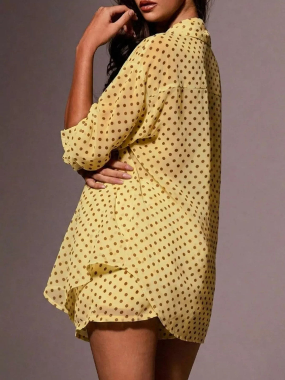 Polka dot button-up shirt and shorts loungewear set by Plush Fashion Hub, featuring a casual, comfortable design perfect for relaxing.