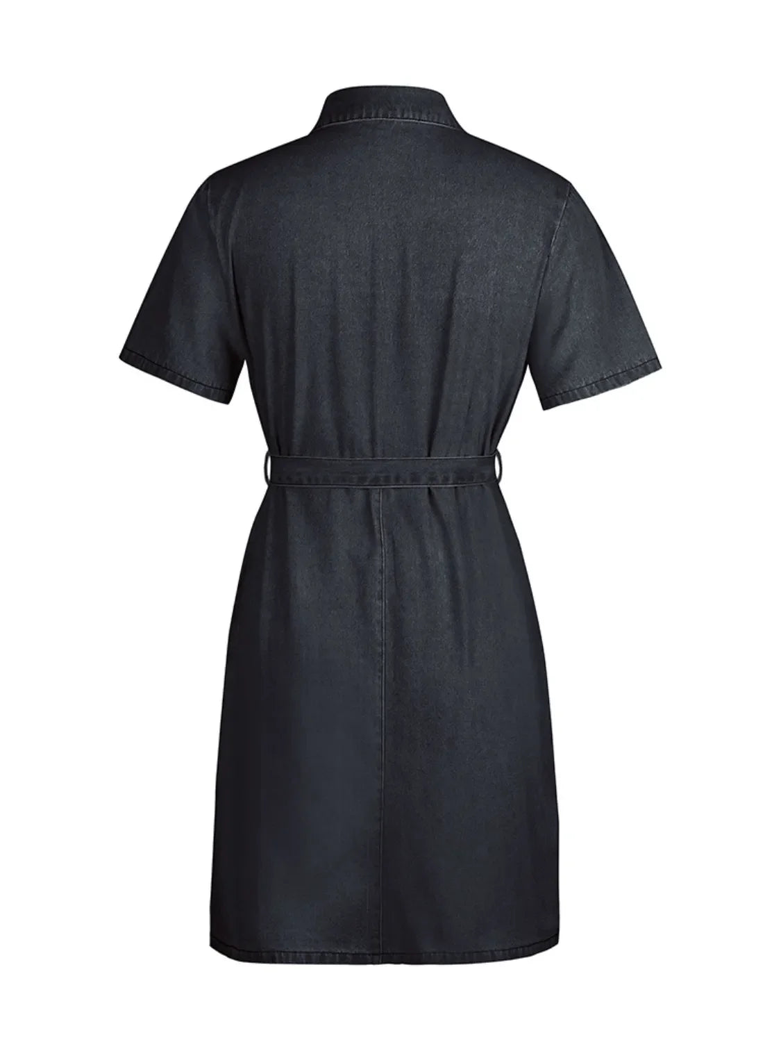 Plus size short sleeve denim dress with full zip front by Plush Fashion Hub, shown on a model.
