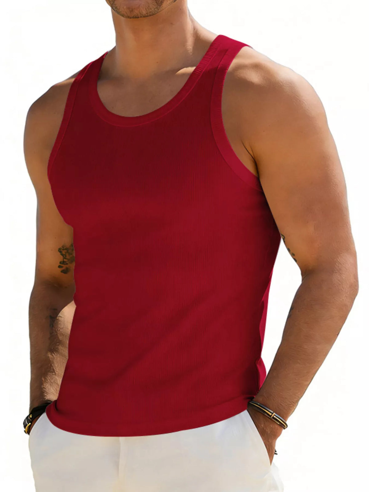 Plus size men's round neck tank top by Plush Fashion Hub, full-coverage sleeveless shirt for casual wear.