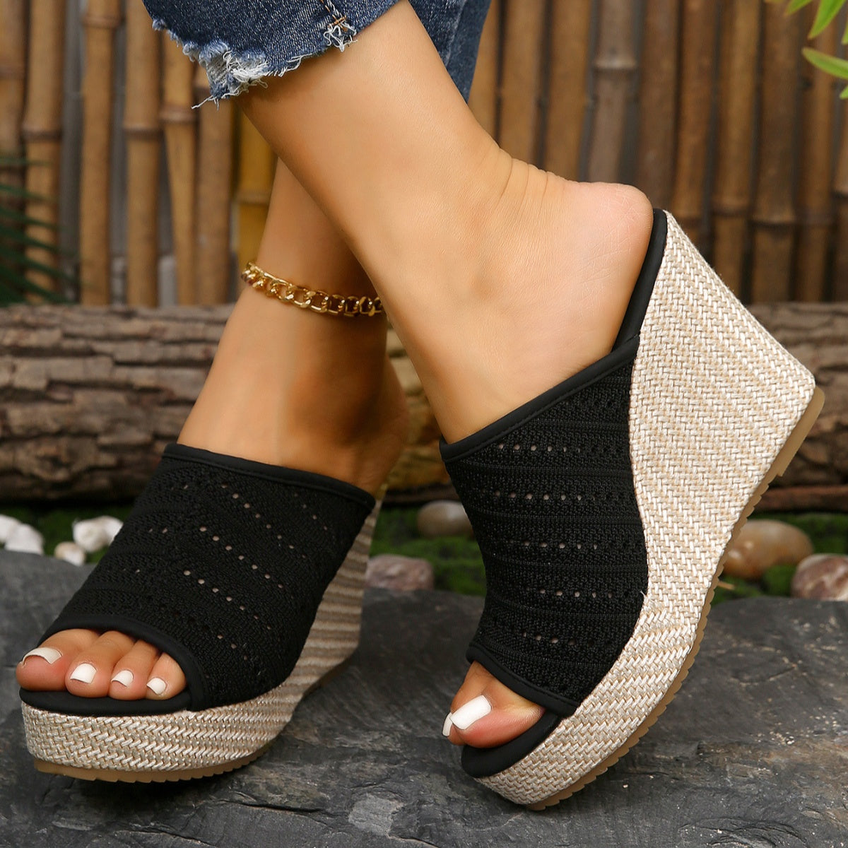 Women's mesh open toe wedge sandals with high heels and comfort design by Plush Fashion Hub, showcasing stylish footwear.